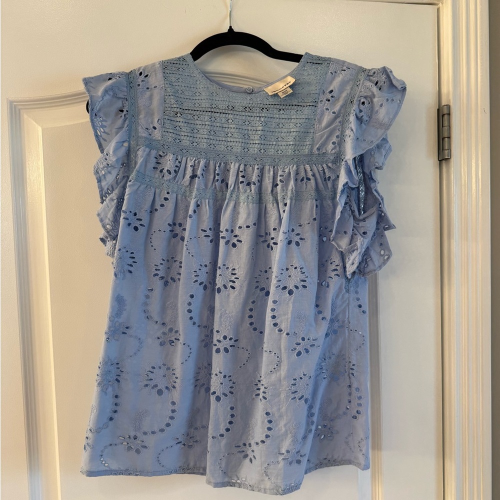 Light Blue Eyelet Ruffle Sleeve Top
